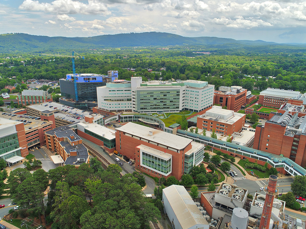 aerial photo of UVA hospital