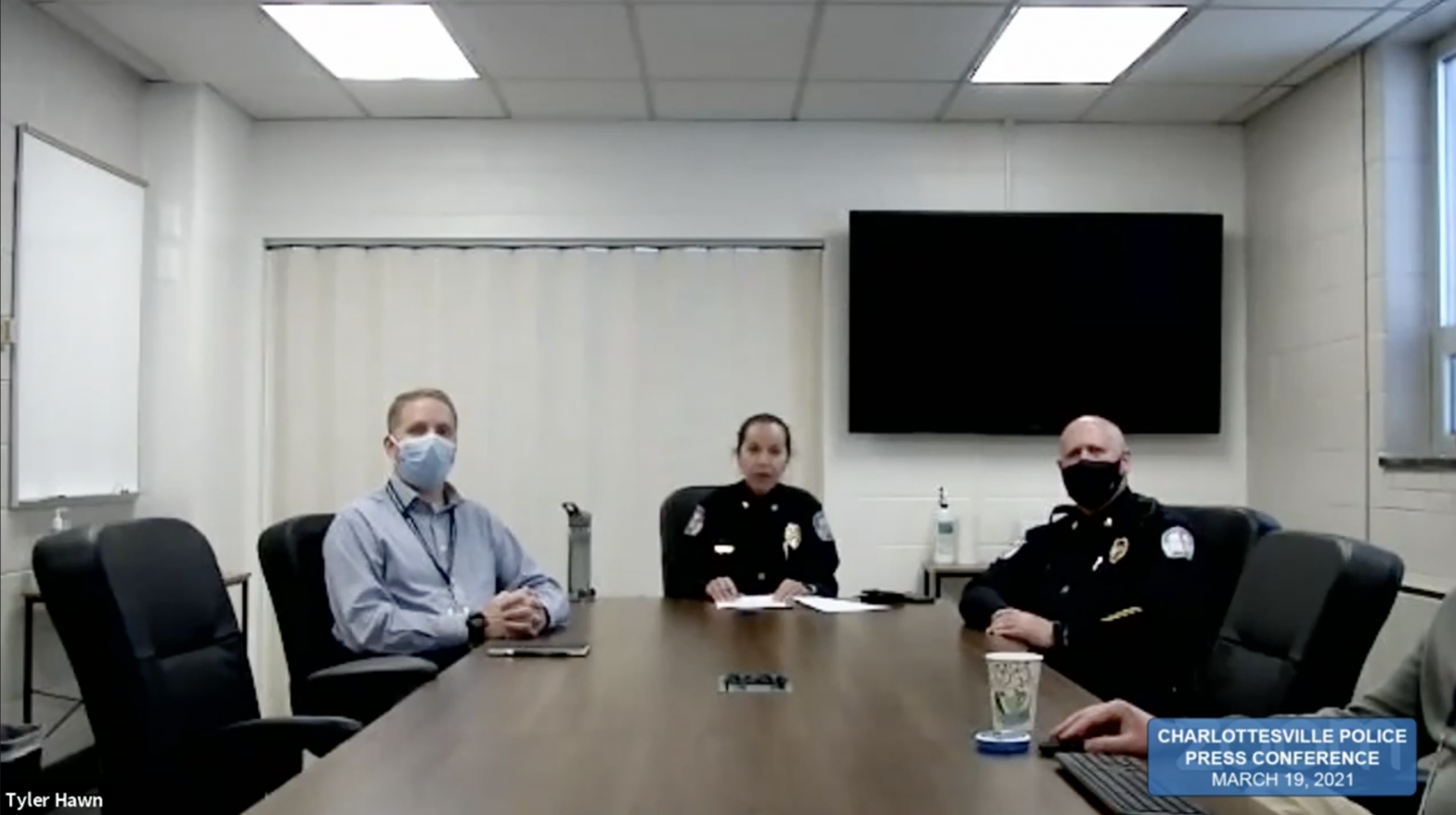 Charlottesville Police Chief RaShall Brackney sits with Major Jim Mooney and Sergeant Greg Wade at a table during Friday’s virtual press conference