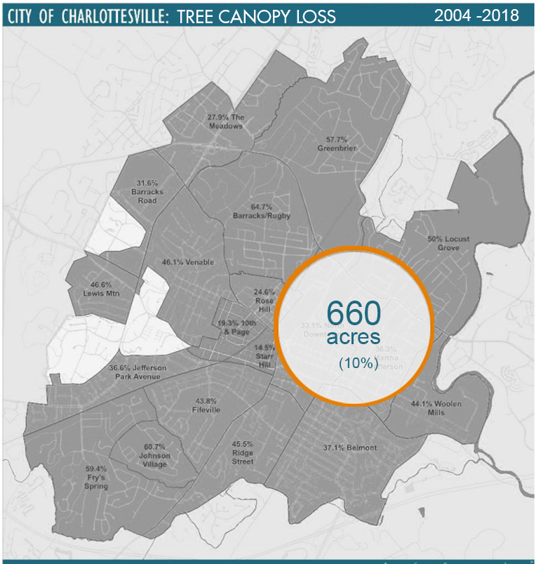 The above map shows the amount of tree canopy lost in the city from 2004 to 2018