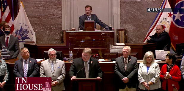 Rep. Bill Rudd (R-Murfreesboro), bottom center, debates his bill alongside its numerous co-sponsors on the House floor Monday evening.