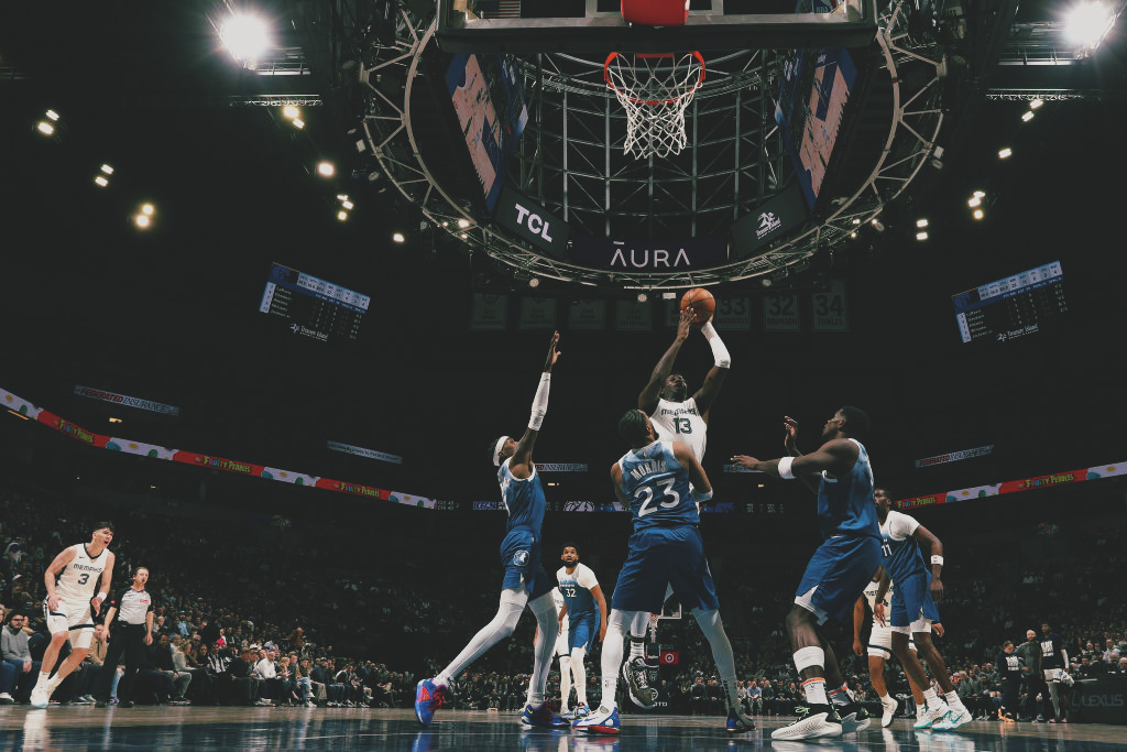 Jaren Jackson Jr drives to the basket against the Minnesota Timberwolves.