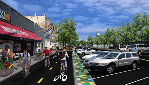 A rendering of the Hampline shows the two-lane design and physical barrier that distinguishes the project from standard bike lanes.