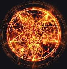 An artists depiction of a flaming pentagram