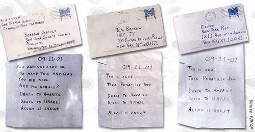 facsimiles of anthrax letters during earlier scare in 2001