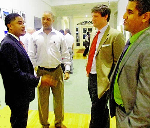 Ford kinsmen Justin (l) and Joe Jr. (r) chatted with Shelby County Democratic chairman Bryan Carson and Jake Brown at recent political  get-together (unrelated to District 91 race).