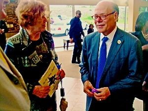 Former City Council member Pat VanderSchaaf and Congressman Steve Cohen chatted after the service.