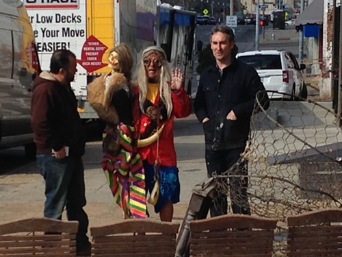 Frank Fritz and Mike Wolfe of American Pickers talk to Prince Mongo (center)