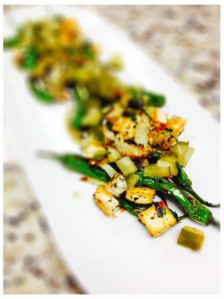 Fried Shishito Peppers with smoked tofu (it usually comes with pork shoulder), fennel, and Matt’s Wild tomatoes