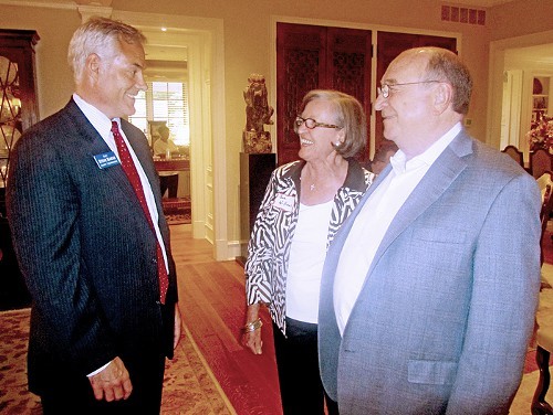 GOP candidate Basar, here at Sunday fundraiser with hosts John and Sue Williams, adds his support to 2-J. Democratic opponent Steve Ross also endorses plan.