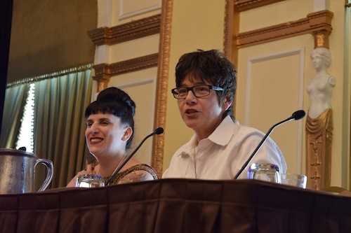 Kat Kinsman (left) of CNNs Eatocracy and Kim Severson of the New York Times address food journalists from around the country at the 2014 AFJ Conference.