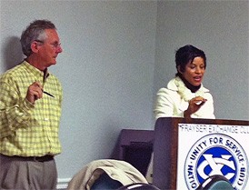 Kemba Ford, here with Frayser Exchange Club president Shelly Rice, answers constituents questoins.