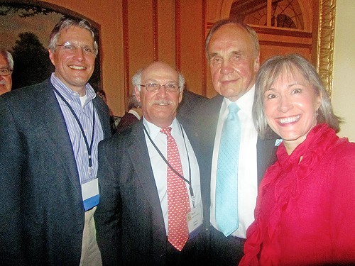 Keynoter Dick Enberg (second from right) at Memphis Rotary Clubs Sunday night kickoff of this weeks big club national conference at The Peabody. Here with (l to r) Rotary program chairman Pierre Landaiche, club president Berje Yacoubian, and Gay Landaiche.