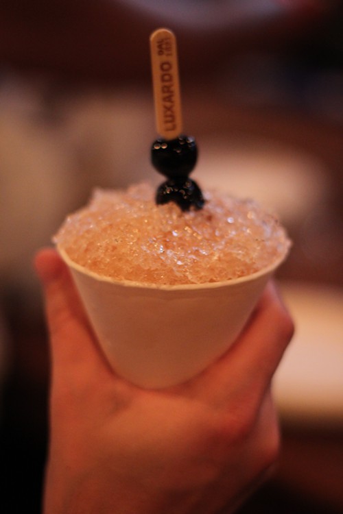 Manhattan snocone with Luxardo cherries.