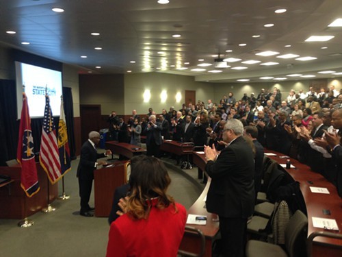 Memphis Mayor A C Wharton pauses for applause during his State of the City speech Wednesday morning.