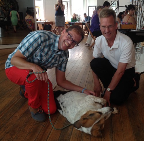 Nathan Tipton, Paul Foster, and their dog Tux at their Memphis wedding reception