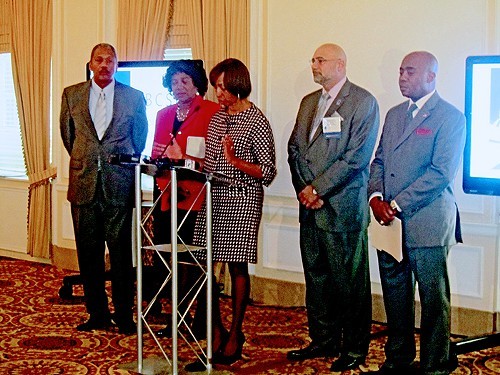 Opening the NBCSL Wednesday at the Peabody were (l to r):State Rep. Larry Miller of Memphis, Tennessee caucus president; State Rep. Brenda Gilmore  of Nashville; State Senator Catherine Pugh of Maryland, national president-elecdt of NBCSL; State Rep.  Joe Armstrong of Knoxville, current president; and state Rep. Allan Williams  of Florida.