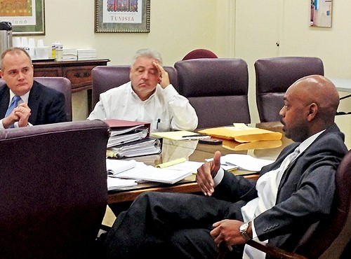 Principals Faughnan, Roland, and Wilkins Thursday morning as the Chism hearing got under way.