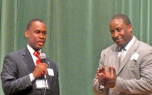 Shelby County Democratic chairman Van Turner receives the plaudits of onetime challenger Curtis Johnson after Turners unanimous reelection Saturday.