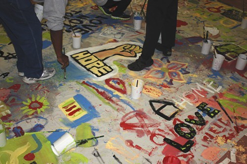 The Equality banner up close. Many participants painted messages of tolerance and peace while other