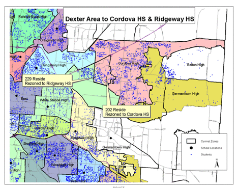 This map shows the zoning changes for students who live in the Dexter area and currently attend Bartlett High School