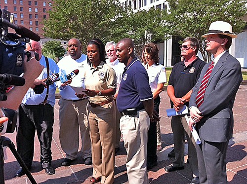 Union representatives meet the media.